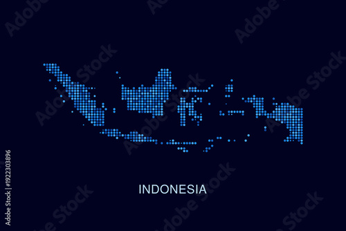 Indonesia Map - Blue Dotted Halftone Vector Illustration on Dark Navy Background, Abstract Circle Grid Silhouette Design for Infographic and Modern Presentation Use.
