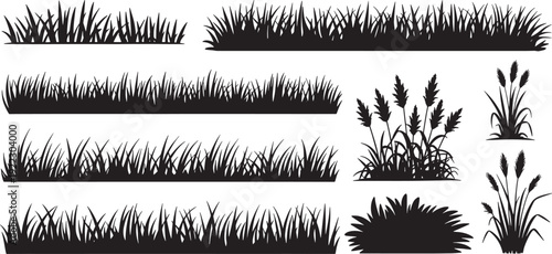 grass silhouette set in different shapes, meadow and lawn borders collection, decorative botanical foliage, nature landscaping elements bundle vector illustration