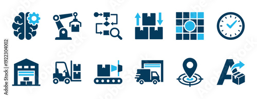 Logistics and supply chain management icon set with symbols for automation, warehouse, forklift, delivery truck, and inventory, presented in a clean, modern two-color flat design