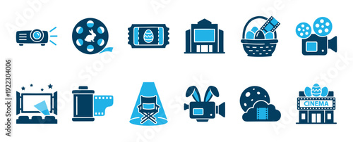 Set of blue graphic icons for an Easter movie event, featuring a film projector, camera with bunny ears, cinema ticket with a decorated egg, and a basket of eggs