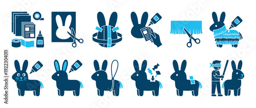 Set of blue instructional icons showing the step-by-step process for making a DIY bunny-shaped piñata, from crafting with paper and glue to filling it with candy for a party game