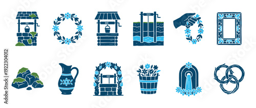 Collection of hand-drawn rustic water wells, floral wreaths, nature elements, and traditional objects depicted in a charming blue and green color palette with a textured illustration style