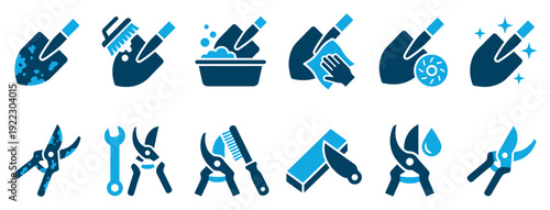 Gardening tool maintenance icon set showing the process of cleaning, sharpening, and caring for a trowel and pruning shears, from dirty to clean and sharp