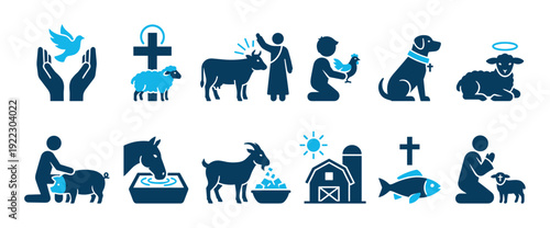 Collection of Christian and farm animal icons, depicting various religious symbols, people caring for livestock, and agricultural elements in a clean, two-tone blue graphic style