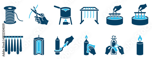 Detailed blue vector icons illustrating the candle making process from wick preparation and wax melting to dipping, molding, finishing, and lighting the final candle