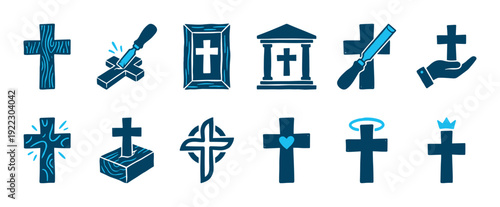Twelve stylized blue Christian cross icons are depicted in a charming hand-drawn illustration, showcasing various religious symbols and spiritual concepts with a serene and hopeful mood