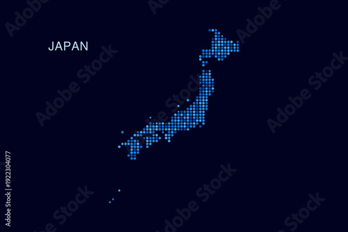 Japan Map - Blue Dotted Halftone Vector Illustration on Dark Navy Background, Abstract Circle Grid Silhouette Design for Infographic and Modern Presentation Use.