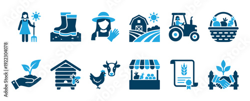 Comprehensive collection of farming and agriculture themed vector icons, depicting farmers, animals, crops, equipment, and market elements in a clean, two-tone graphic style