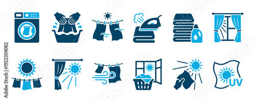 Twelve blue laundry and fabric care icons illustrate various household cleaning processes, including washing, drying, ironing, and UV protection, presented in a clean, modern flat design