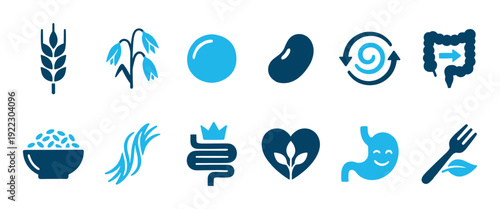 Twelve blue and dark blue icons representing various aspects of gut health, fiber-rich foods, and digestive wellness, displayed in a clean, illustrative style