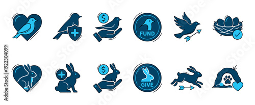 Collection of blue animal welfare icons depicting birds and rabbits with symbols of care, rescue, donation, and adoption, presented in a clean, modern flat line art style