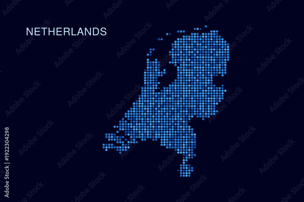 Fototapeta premium Netherlands Map - Blue Dotted Halftone Vector Illustration on Dark Navy Background, Abstract Circle Grid Silhouette Design for Infographic and Modern Presentation Use.