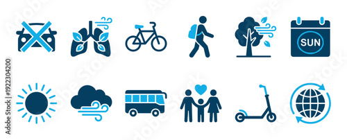 Collection of blue car-free day icons representing eco-friendly transport, clean air, and healthy lifestyle choices for a sustainable future and environmental awareness