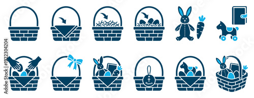 Collection of blue Easter basket icons showing the step-by-step process of filling a basket with eggs, toys, and treats for the spring holiday celebration