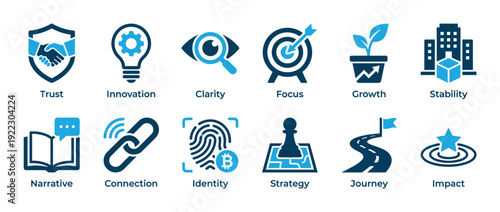 Collection of twelve two-tone blue icons for business development, illustrating essential concepts like trust, innovation, growth, strategy, connection, and impact in a clean vector style