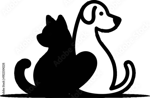 Black cat and dog sitting together in simple line art style facing right on white background pets companionship symbol