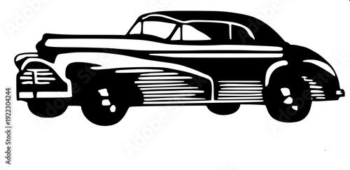 Decorative vintage car silhouette sculpture design, antique automobile profile, flat black metal look, white isolated backdrop, high detail wheel spokes, minimalistic art style