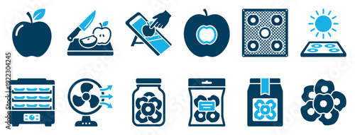 Set of blue glyph icons illustrating the process of making dried apples, from slicing fresh fruit to packaging the final dehydrated snack in a jar, bag, or box