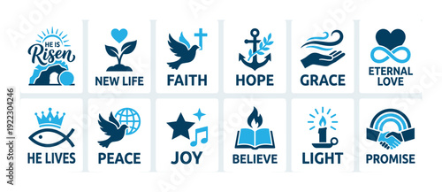 Collection of twelve blue Christian icons representing faith, hope, love, and Easter concepts like resurrection, new life, and grace in a modern flat vector design style