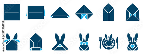 Napkin folding instructions showing the step-by-step process of creating a cute Easter bunny, a creative DIY decoration for a festive holiday table setting and dinner party