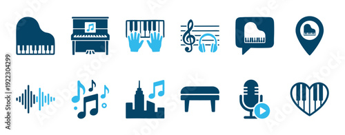 Set of twelve blue music-themed icons featuring a grand piano, keyboard, microphone, headphones, and musical notes in a clean, modern flat graphic style