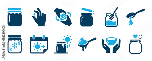 Blue and dark blue vector icon set showing the steps for making, storing, and enjoying homemade jam, jelly, or honey from a glass jar with a spoon and dipper