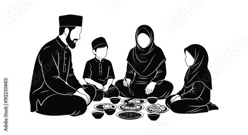 A muslim family sharing a meal together depicted in a silhouette