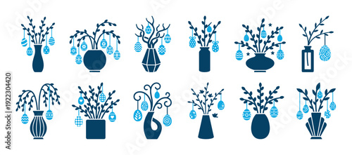 Collection of blue Easter egg bouquets with decorated eggs hanging from willow branches in various vases, a set of festive spring holiday silhouette vector illustrations
