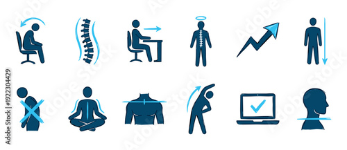 Set of hand-drawn posture correction icons showing correct and incorrect sitting, spine alignment, stretching, and ergonomic tips for office work in a blue and black doodle style