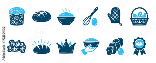 Collection of rustic blue baking illustrations for an Easter bake-off, showing paska bread, a challah loaf, cooking utensils, a crown, and a first prize award ribbon