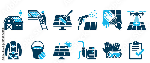Solar panel cleaning and maintenance icon set with various tools and equipment for photovoltaic system upkeep, including a brush, drone, squeegee, and safety gear pictograms