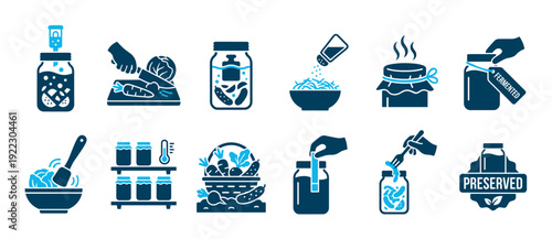 Set of blue glyph icons illustrating the process of food fermentation and preservation, including chopping vegetables, salting, jarring, and storing homemade pickles and sauerkraut