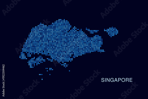 Singapore Map - Blue Dotted Halftone Vector Illustration on Dark Navy Background, Abstract Circle Grid Silhouette Design for Infographic and Modern Presentation Use.