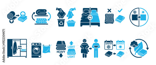 Bedding care and laundry glyph icons collection illustrating seasonal blanket changes, mattress flipping, textile recycling, and choosing sustainable fabrics for household comfort