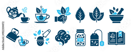 Set of blue herbal tea icons showing various elements like a teapot, cup, mint leaves, infuser, and mortar, representing natural beverages and healthy lifestyle concepts