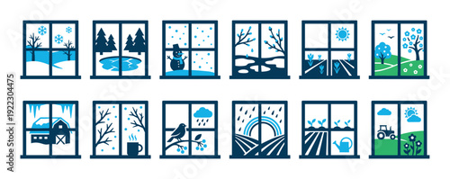 Set of twelve seasonal icons showing different weather and nature scenes through a window frame, including winter snow, spring rain, and summer sun in a flat vector style