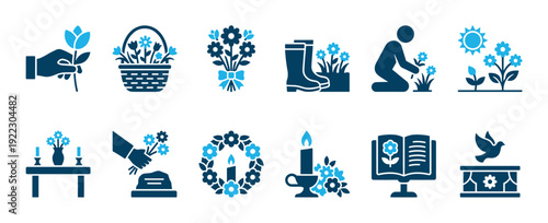 Funeral and memorial service icon set with various symbols of remembrance like flowers, candles, wreaths, and doves for commemorating a loved one's passing