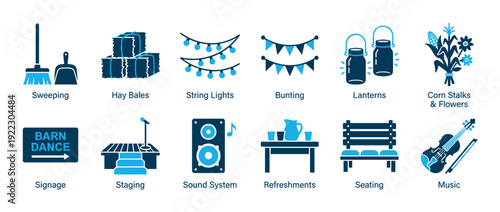 Collection of twelve blue barn dance icons showing event elements like hay bales, string lights, music, and seating for a country party or celebration infographic