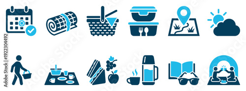 Collection of blue picnic icons representing outdoor leisure, including a basket, blanket, food containers, map, and calendar for planning a summer outing or weekend getaway