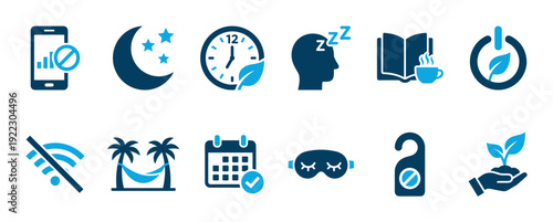 Set of two-tone blue vector icons for digital detox and self-care concepts, including symbols for no phone, sleeping, vacation, and unplugging for mental wellbeing