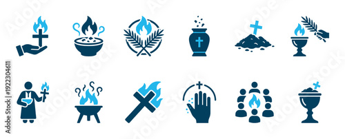 Set of blue religious icons representing Christian faith, ceremony, and spirituality, including symbols for funerals, worship, prayer, and sacraments with a cross and flame