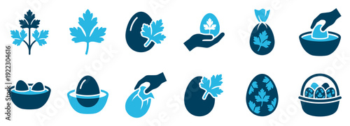 Set of blue graphic icons illustrating the traditional method of dyeing Easter eggs using parsley leaves for a natural pattern, a symbolic collection for spring holiday crafts