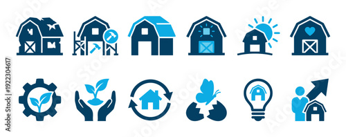 Collection of blue vector icons representing agriculture, farming, real estate, and business growth concepts like renovation, innovation, sustainability, and new beginnings