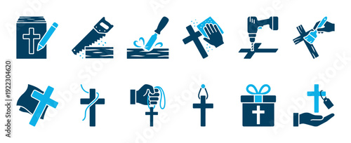 Set of religious craftsmanship icons showing the creation and veneration of Christian crosses with tools like saws, drills, and chisels, presented in a modern two-color glyph style