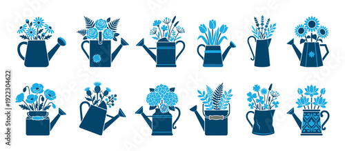 Collection of blue watering cans and jugs filled with various flower bouquets in a flat vector silhouette style, showcasing different floral arrangements for gardening concepts