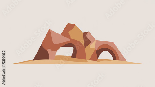Geometric desert landscape with abstract sandstone formations and arches on beige background