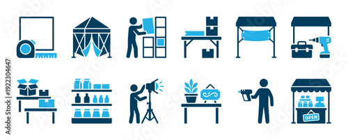 Blue two-tone glyph icon set for market stall setup, showing a tent, shelving, tools, and product displays for a pop-up shop, exhibition, or trade show booth in a clean vector style