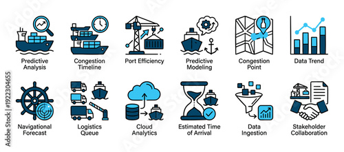 Set of blue and black icons representing maritime logistics, supply chain management, port efficiency, predictive analysis, and transportation industry technology concepts