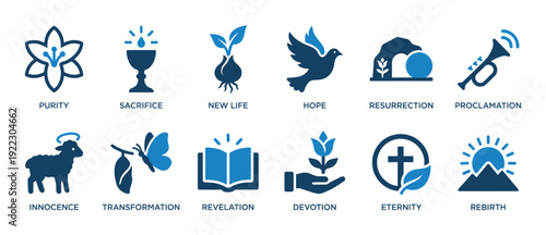 Collection of blue Christian religious icons representing spiritual concepts like purity, sacrifice, new life, hope, resurrection, innocence, transformation, and rebirth