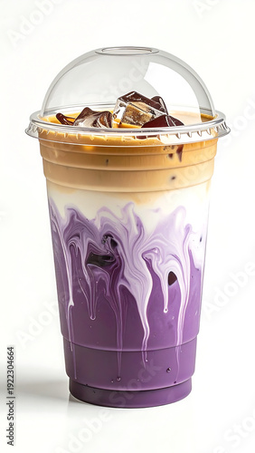 Hyper realistic White Mocha Ube Latte in a thick, sturdy transparent plastic cup. Isolated on white background, ultra detailed. Suitable for food and cafe menu.